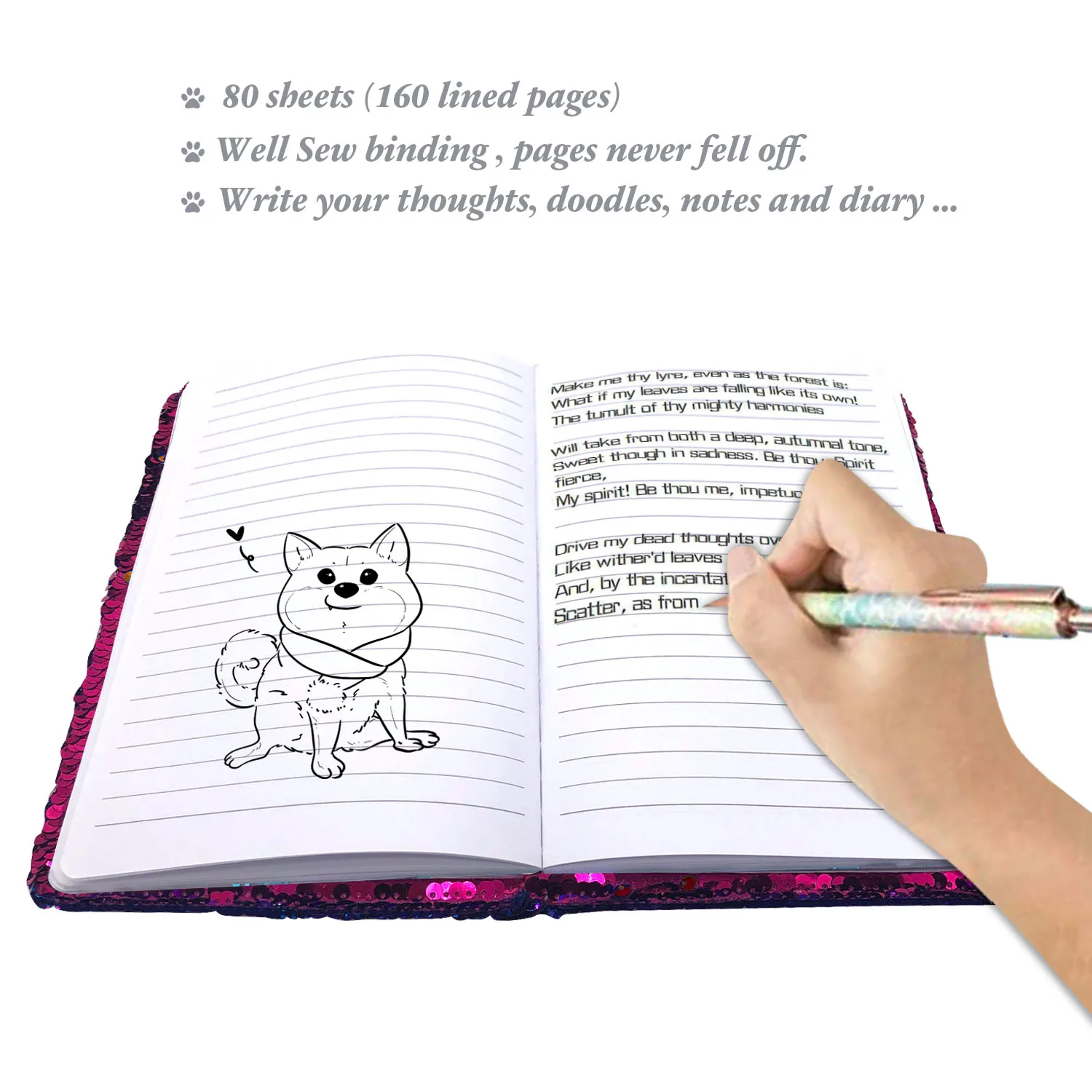 Sequin Secret Diary for Girls, 8.5x5.5 Inches 160 Lined Pages Different Design Reversible Sequin Kids Journal for Teenages 5