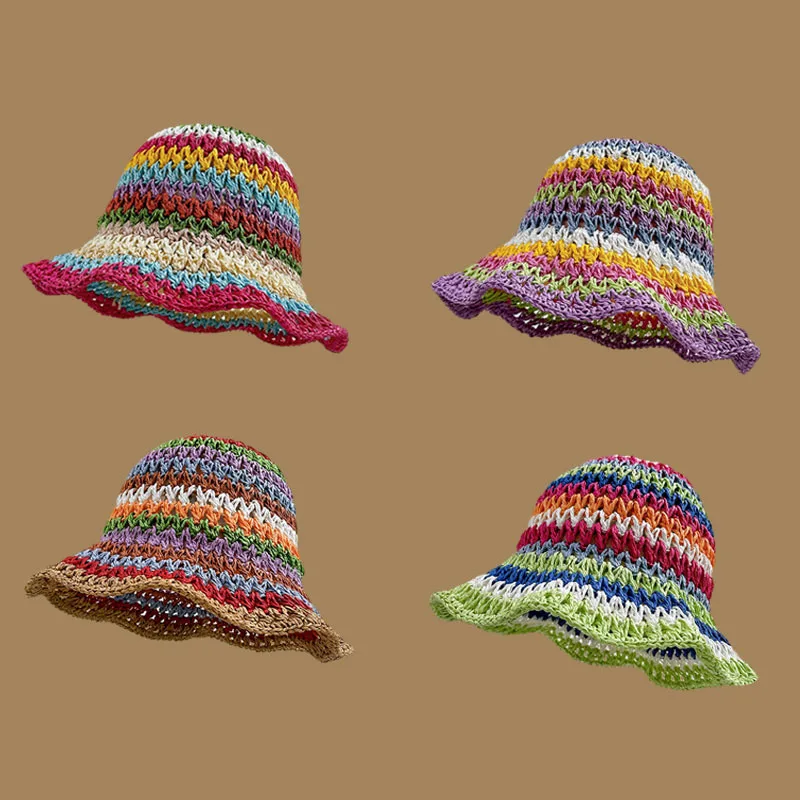 Summer Rainbow Striped Bucket Hat Woman Crochet Beach Fisherman Hat Foldable Handmade Weave Sun Female Panama