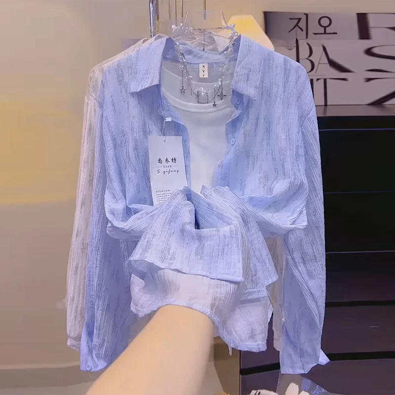 폴로 칼라 긴 소매 태양 보호 셔츠 여성용 잉크 인쇄 카디건 자켓 여름 경량 통기성 루즈핏 탑