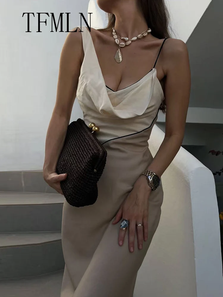 TFMLN Elegant Women Patchwork Slim Strap Dress 2025 Summer Pile Collar Sleeveless Beach Party Dress Sexy Asymmetrical Midi Dress