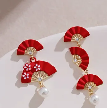 Chinese Style Good Luck Red Fan Earrings For Women Folding Fan Pearl Asymmetric Tassel Earring Girls Christmas New Year Jewelry 1
