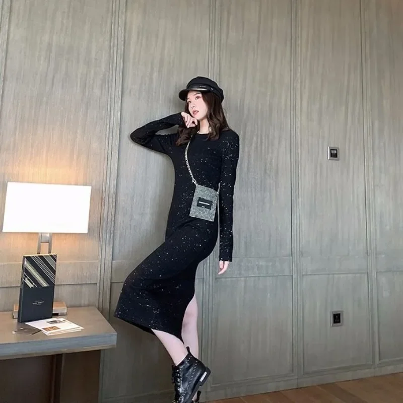 

Evening Round Neck Long Woman Dress Robe Black Maxi Dresses for Women Crochet Knitted Clothes Split Cotton Beach New in Sale Y2k