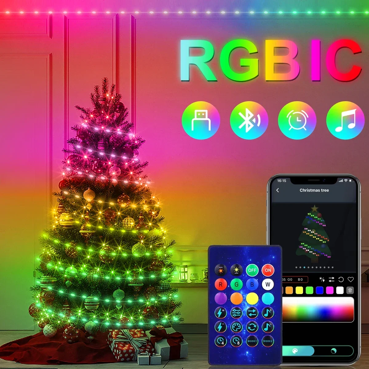 thumbnail image 1 of Guirnalda de luces LED inteligentes para árbol de Navidad, 30 m, control por aplicación, para decoración del hogar, habitación y exterior, 1 of 5