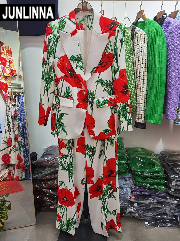 

JUNLINNA Fashion Spring New Two Piece Set 2023 Flower Printed Single Button Notched Coat+Trousers Pants Suit High Street Wear