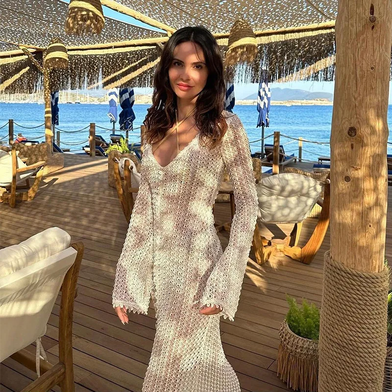 Summer Hollow Out V-Neck Cover up Maxi Dress - Women's Beach Holiday See-Through Sexy High Waist Long Dress