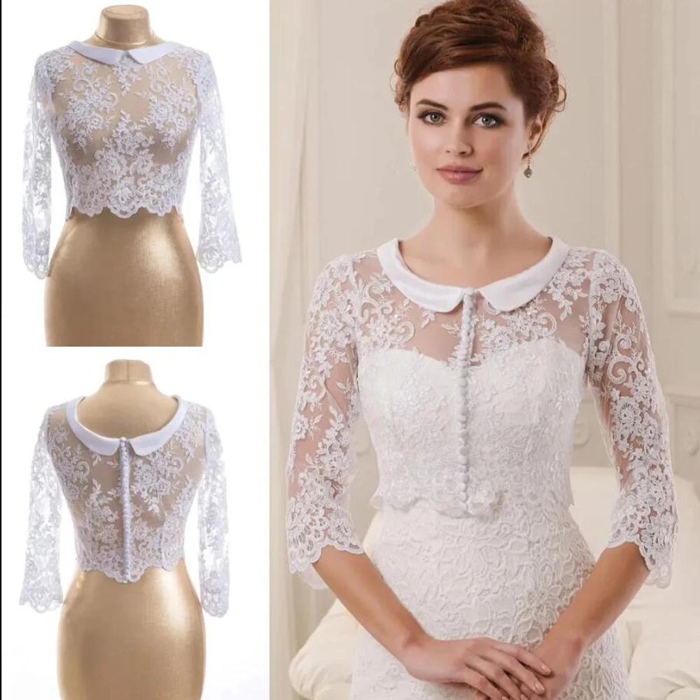 

Elegant Lace Wedding Jacket Bridal Top Jewel Neck Half Sleeve Wraps With Appliques Buttons Design Sheath Bolero For Wedding Dres