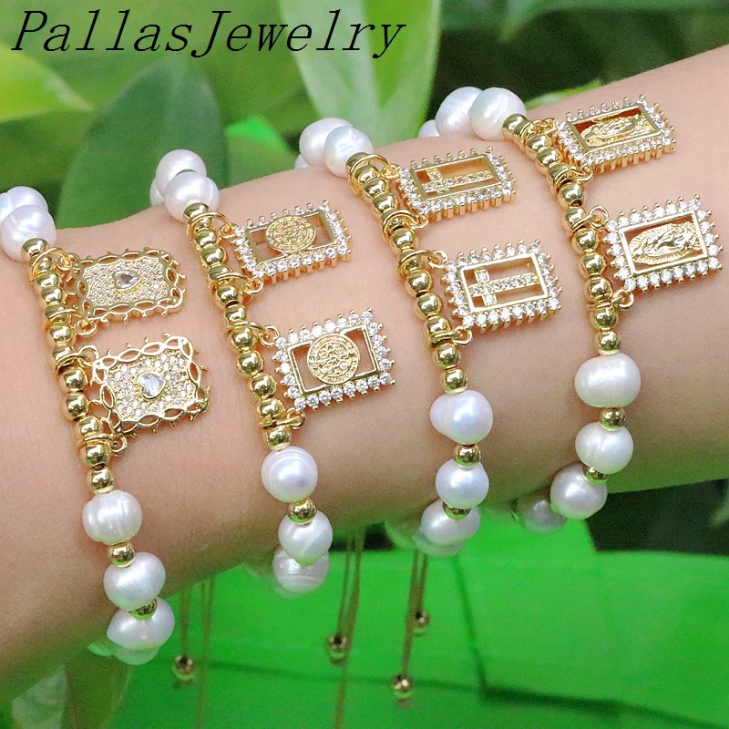 

5Pcs Fashion Virgin Mary Religious Cz Zircon Bracelets For Women Copper Freshwater Pearl Beads Bracelet Cross Heart Jewelry Gift