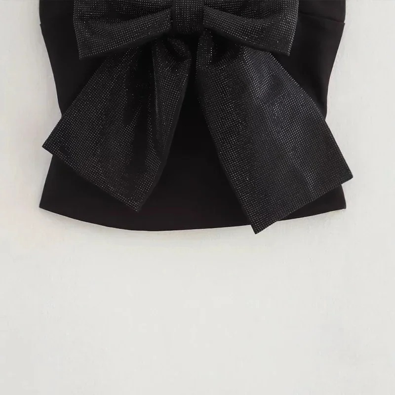 Camiseta sin mangas con lazo grande y lentejuelas para mujer, negra, sin mangas, sin espalda, con cremallera, estilo Y2K, ropa de fiesta para mujer