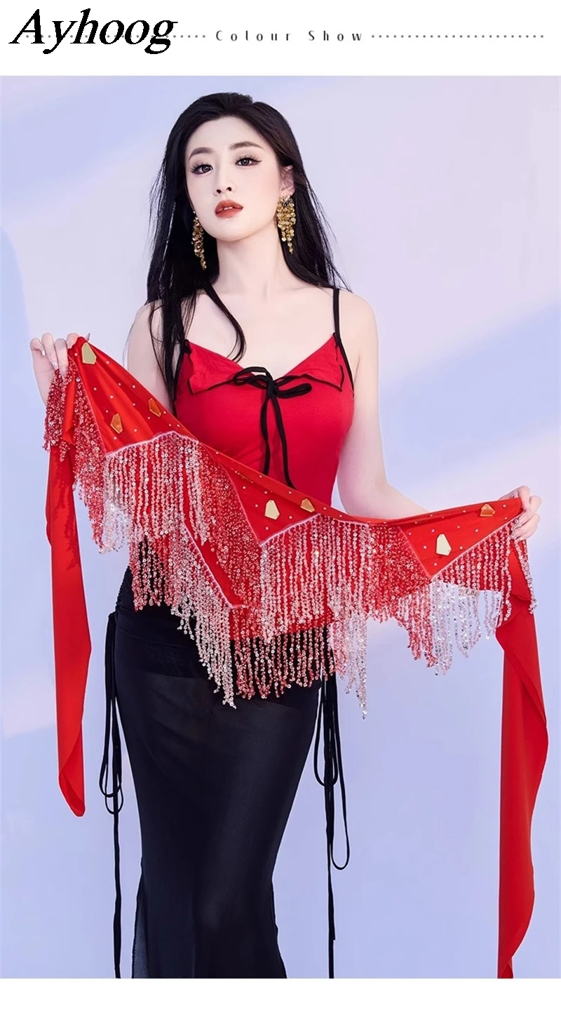 Women Belly Dance Hip Scarf Sequins Tassels Triangle Waist Scarf