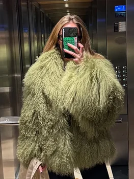 Fashion Green Luxury Fluffy Faux Fur Jacket Women Lapel Long Sleeve Loose Warm Coat 2025 Winter Lady High Street Outerwear 1