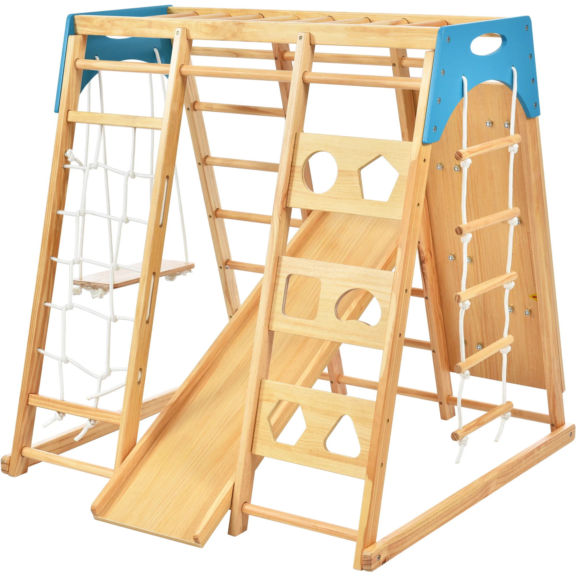 

Wooden Indoor Kids Playground Jungle Gym with Slide, Toddlers Wooden Climber 8-in-1 Slide Playset, Wooden Rock Climbing Wall wit