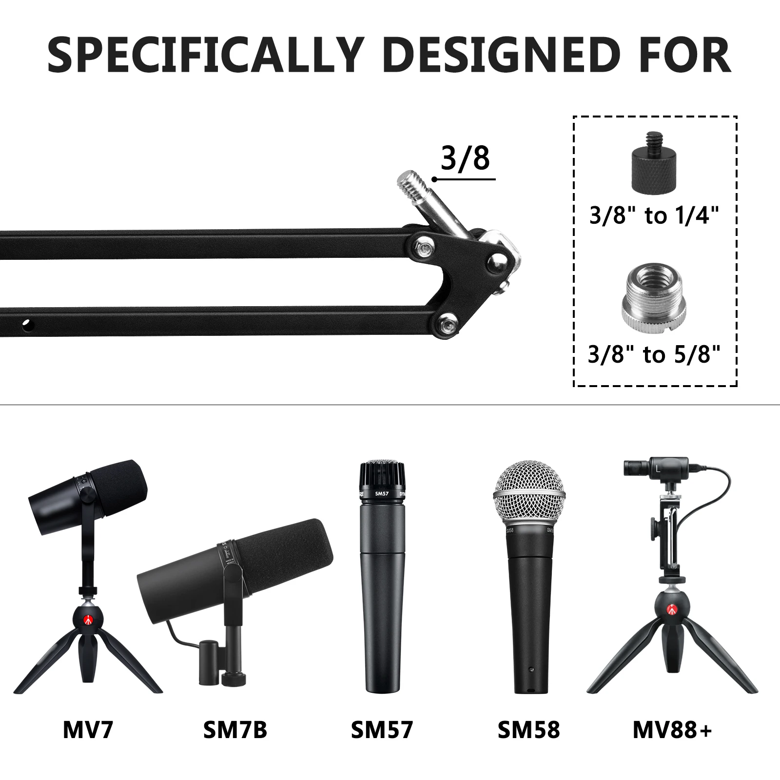 Shure mv88、sm7b、mv7、mv7x、sm58、sm57、マイクブームアーム 