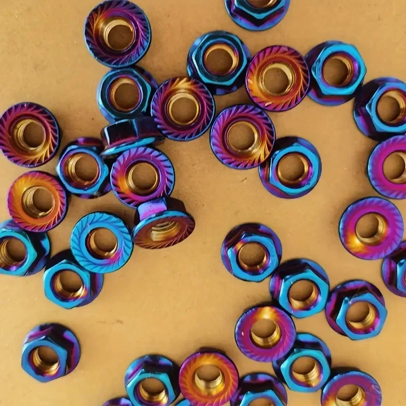 Stainless Steel Hex Nuts 12pcs M5/M6/M8/M10 Flange Locking Nuts Purple and Orange Flame Design for Motorcycle