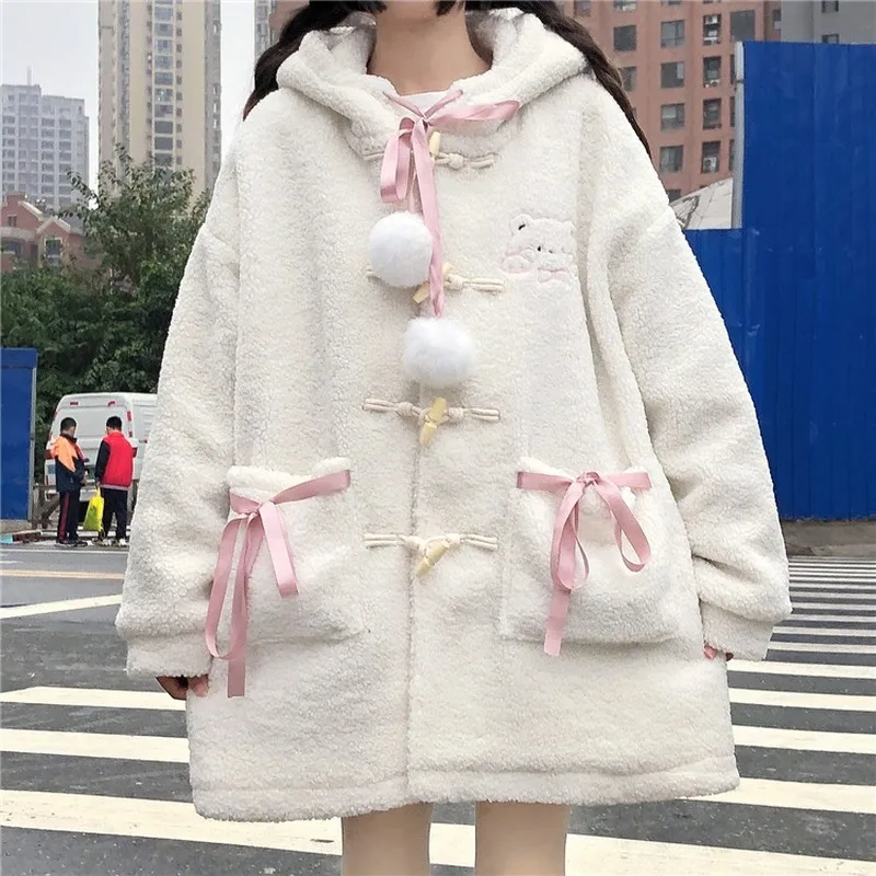 

Kawaii Coat White Women 2023 Winter Cardigan Hooded Cute Lolita Woolen Coats Female Harajuku Lamb Wool Warm Embroidered Jacket