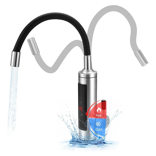 Robinet chauffe-eau instantané 3000W, eau chaude et froide, chauffage rapide, petit appareil de cuisine, robinet chauffant électrique en acier inoxydable avec affichage de la température LCD, 360° °   Robinet d'eau chaude rotatif pour cuisine et salle de bain 1