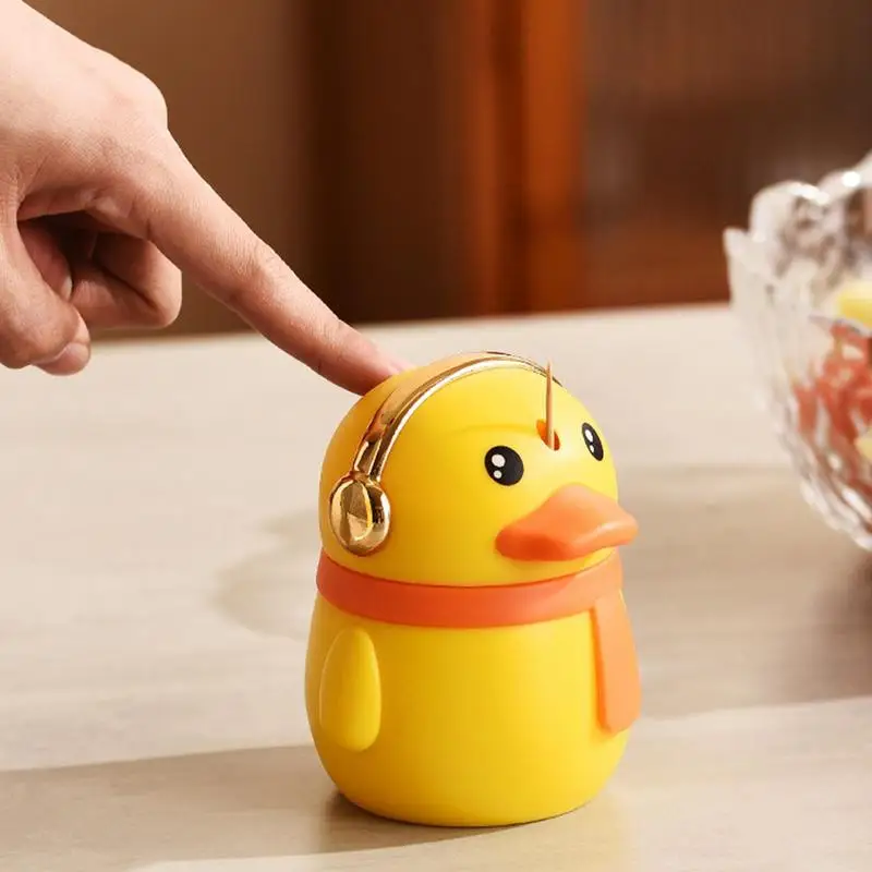 귀여운 자동 이쑤시개 홀더 디스펜서 유행 노란색 오리 휴대용 이쑤시개 보관 상자, 독특한 선물 장식 홈