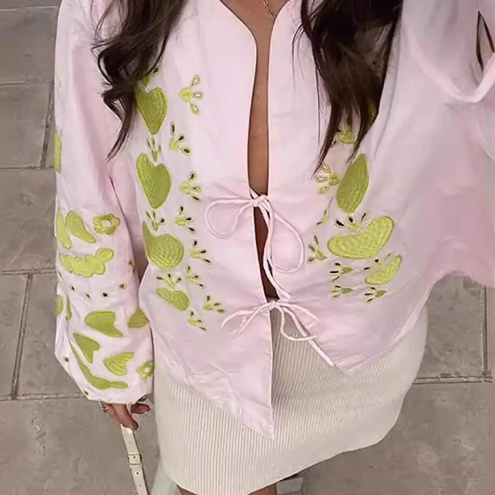Women Embroidery Contrasting Shirts Loose Long Lantern Sleeve Single-breasted Blouses 2024 Spring Summer Lady All-Match Tops