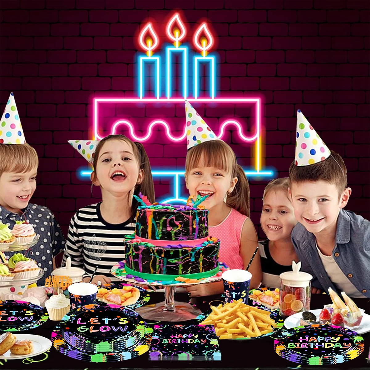 글로우 생일 축하 일회용 식기 빛나는 네온 테마 생일 파티 장식 어린이 베이비 샤워 생일 파티 용품 플레이트
