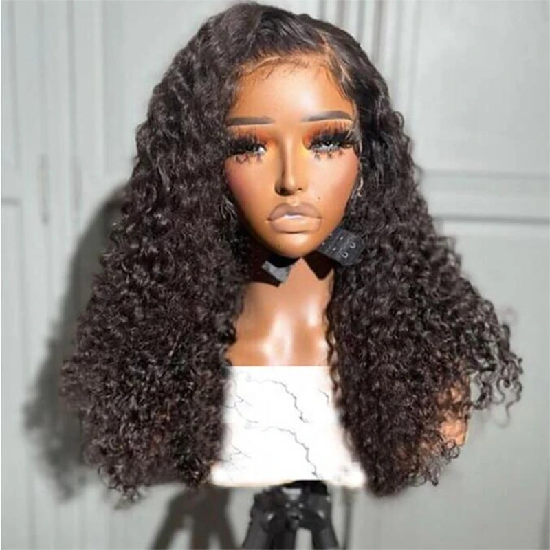 Glueless 26Inch 180%Density Black Kinky Curly 13*4*1 Lace Front Wigs For Women With Baby Hair Synthetic Fiber Daily Wear Wigs