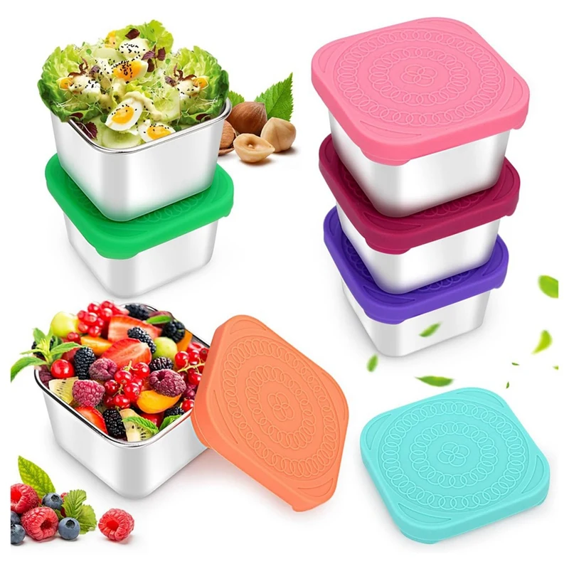 

6 PCS Snack Containers, 6Oz Metal Sauce Food Storage Box Containers Multicolor Stainless Steel + Silicone With Silicone Lids