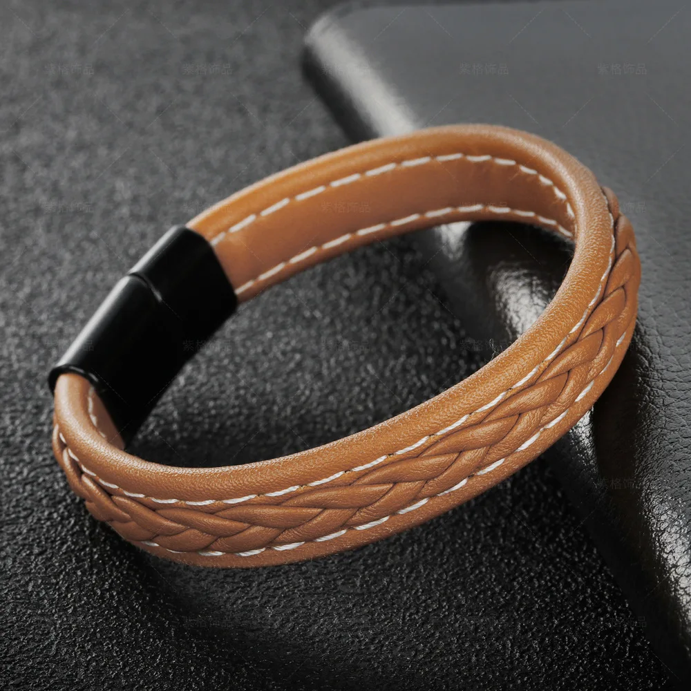 Trendy Leather Bracelets Men Stainless Steel Braided Rope Bracelets