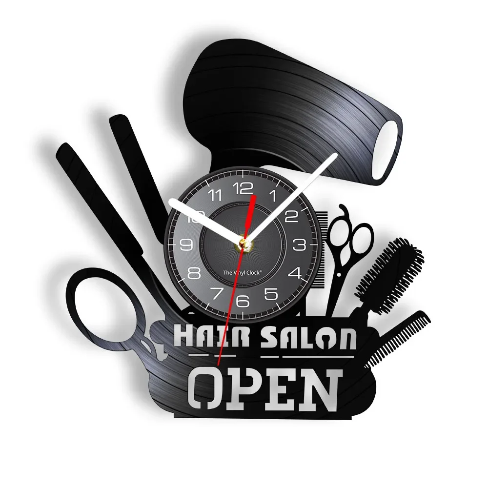 

Hair Salon Open Modern Vinyl Record Wall Clock Hairdressing Tools Laser Cut Longplay Wall Watch GIfts for Hair Stylists & Shops