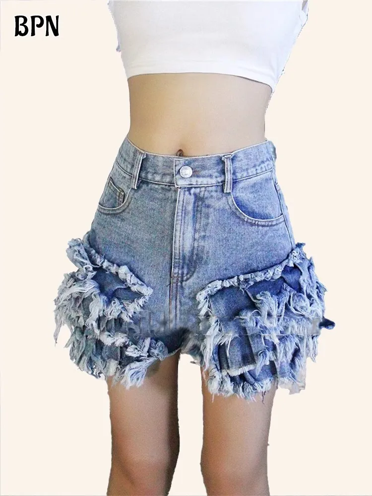 BPN Fashion Patchwork Tassel Shorts For Women High Waist Patchwork Pokcets Slimming Solid Denim Short Pants Female Clothing New