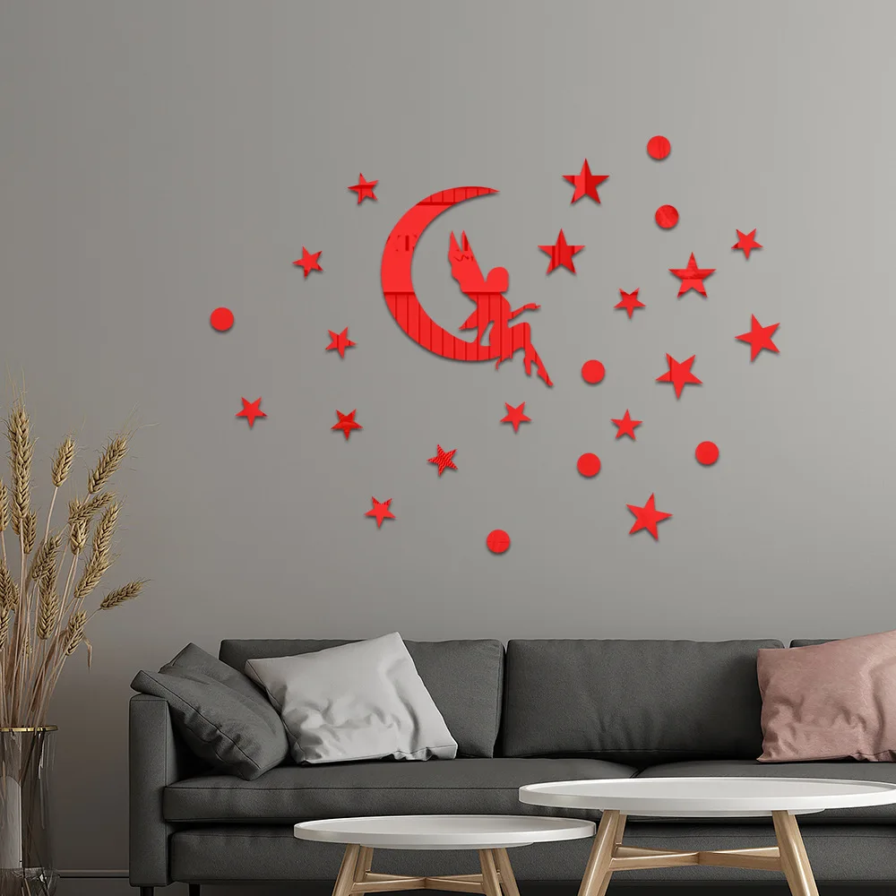 Moon Girl Stars mirror acrylic self-adhesive three-dimensional wall stickers girl room decoration stickers layout room decor
