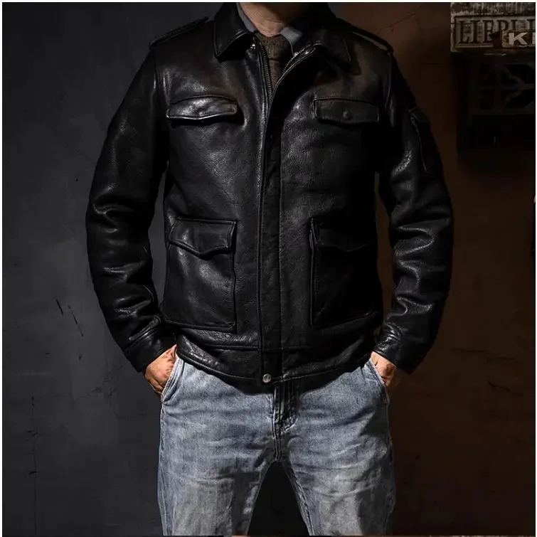 Description Picture 4 of itemYR!Free shipping.Luxury Men's business casual Real leather jacket.Heavy 1.5mm Full Grain tanned cowhide coat.Warm Hunting wear