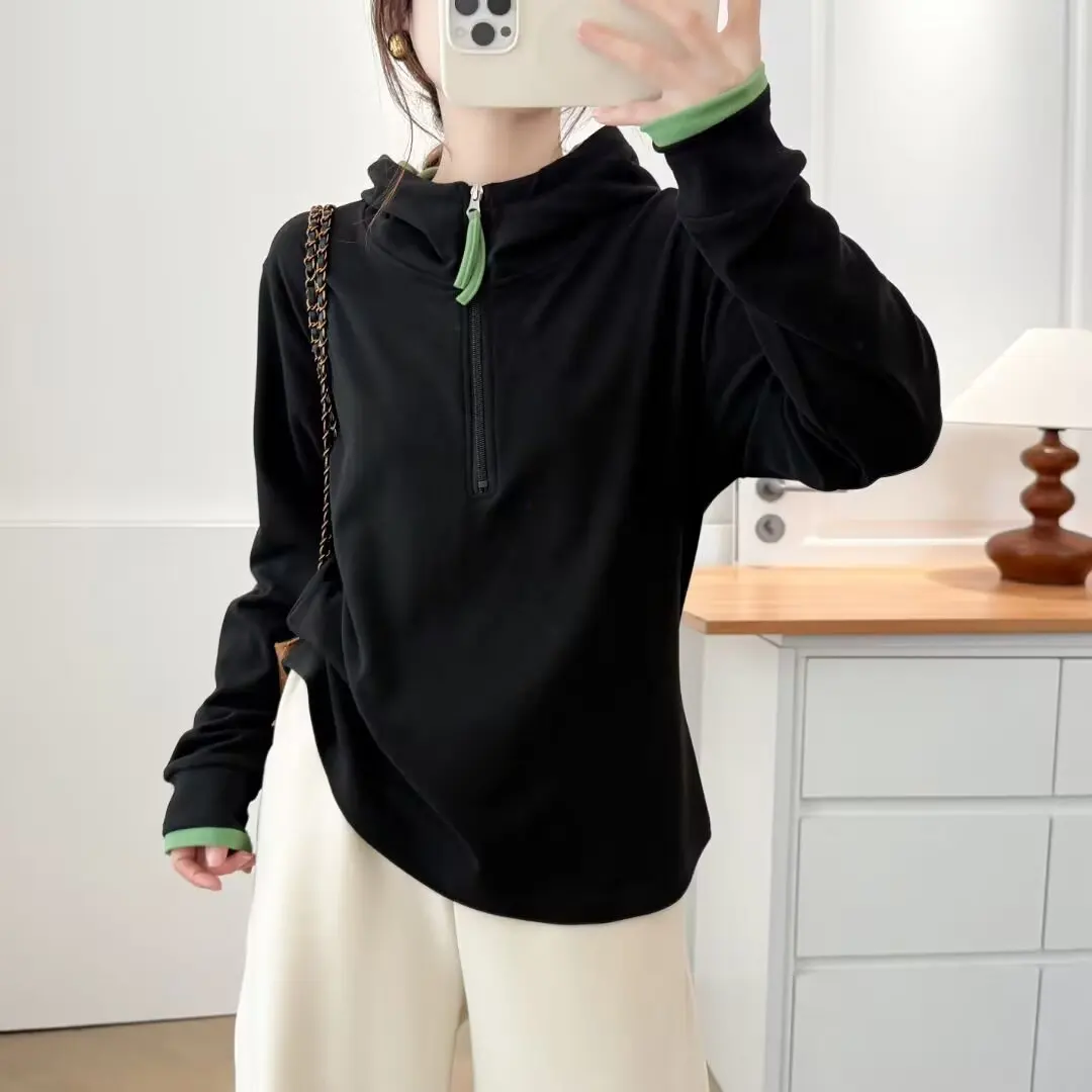 XXXXL Fashion Plus Size Women's Hoodies 2025 Antumn Winter color-blocked Zipper half-open Hooded long-sleeved Sweatshirt 2583