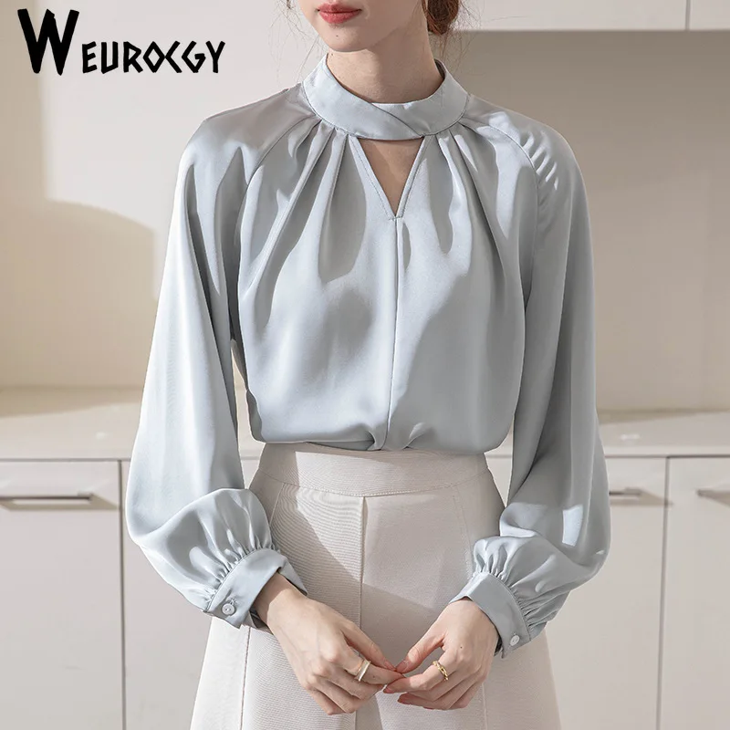 

Women Blouse New Style Stand Neck Hollow Out Long Sleeve Shirts 2023 Spring Autumn Fashion Vintage Loose Elegant Blouses Tops