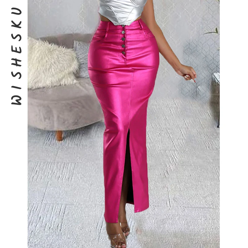

Sexy Metallic Silver Slit Skinny Skirt Women High Waist Button Up Peach Hip Long Skirts 2024 Spring Fall Birthday Luxury Clothes