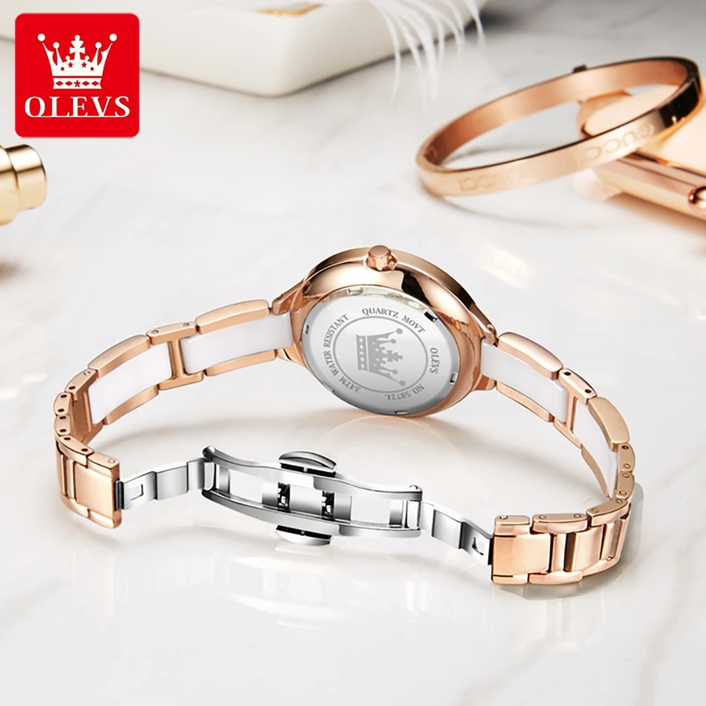 OLEVS Quartz Watch for Women Waterproof Ceramic Strap Diamond Inlay Fashion Elegant Ladies Wristwatches Gift Box Set Reloj Mujer