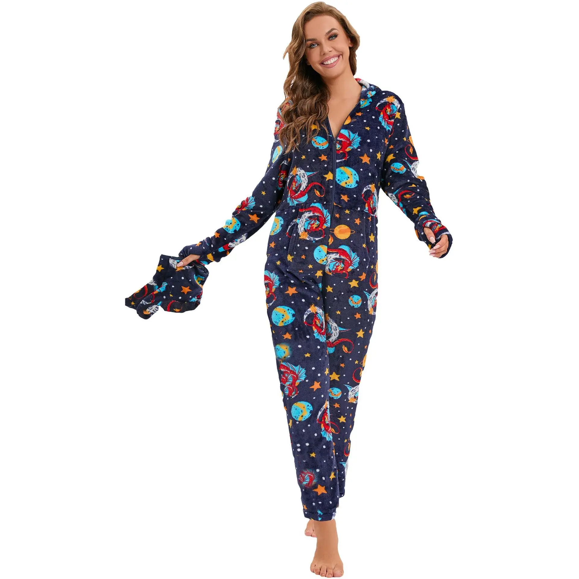 Warm Flannel Hooded Onesies Kigurumi Women's Space Print Pajamas Adults Winter Sleepwear Anime Costumes Jumpsuit