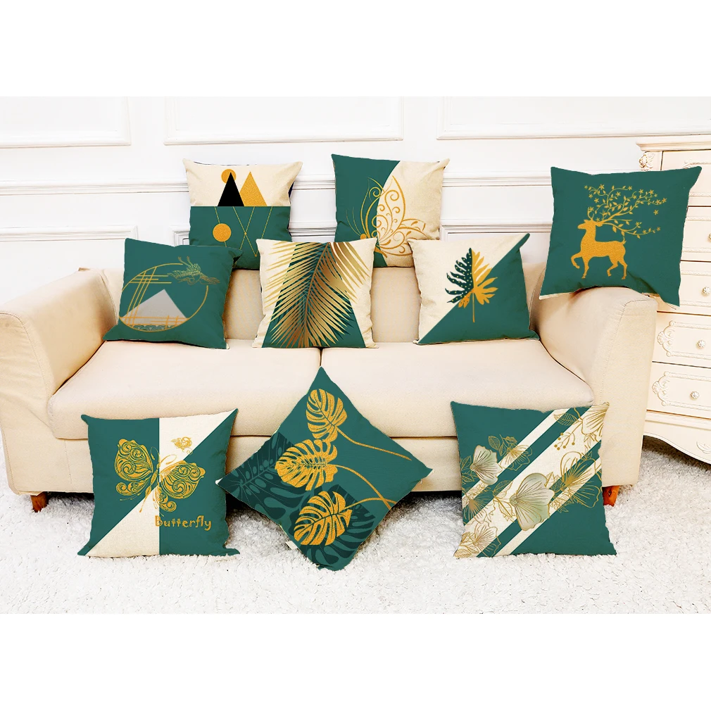 

Наволочка для подушки с геометрическим рисунком в скандинавском стиле, наволочка для подушки с геометрическим рисунком зеленых золотых листьев, домашний декоративный льняной Хлопковый чехол для дивана, наволочка для подушки 45x45 см