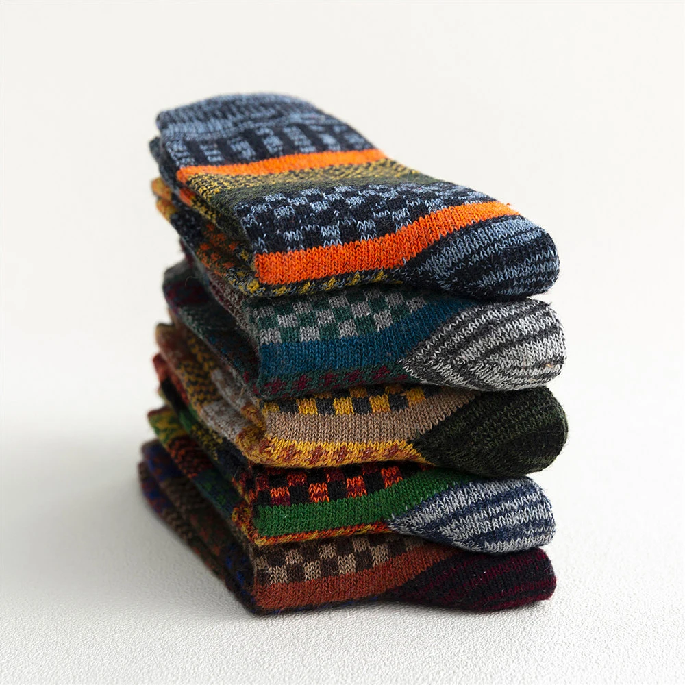 Mens Winter Wool Socks - Warm Colorful Retro Style for Snow Boots EU Size 38-44