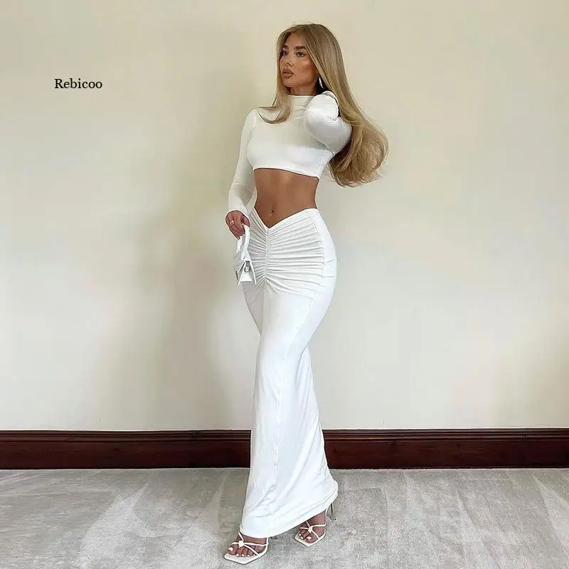 

Dress Women's suit White 2 Pieces Long Sleeve High Neck Crop Top Ruched Midi Skirt Set Elegant Party Streetwear