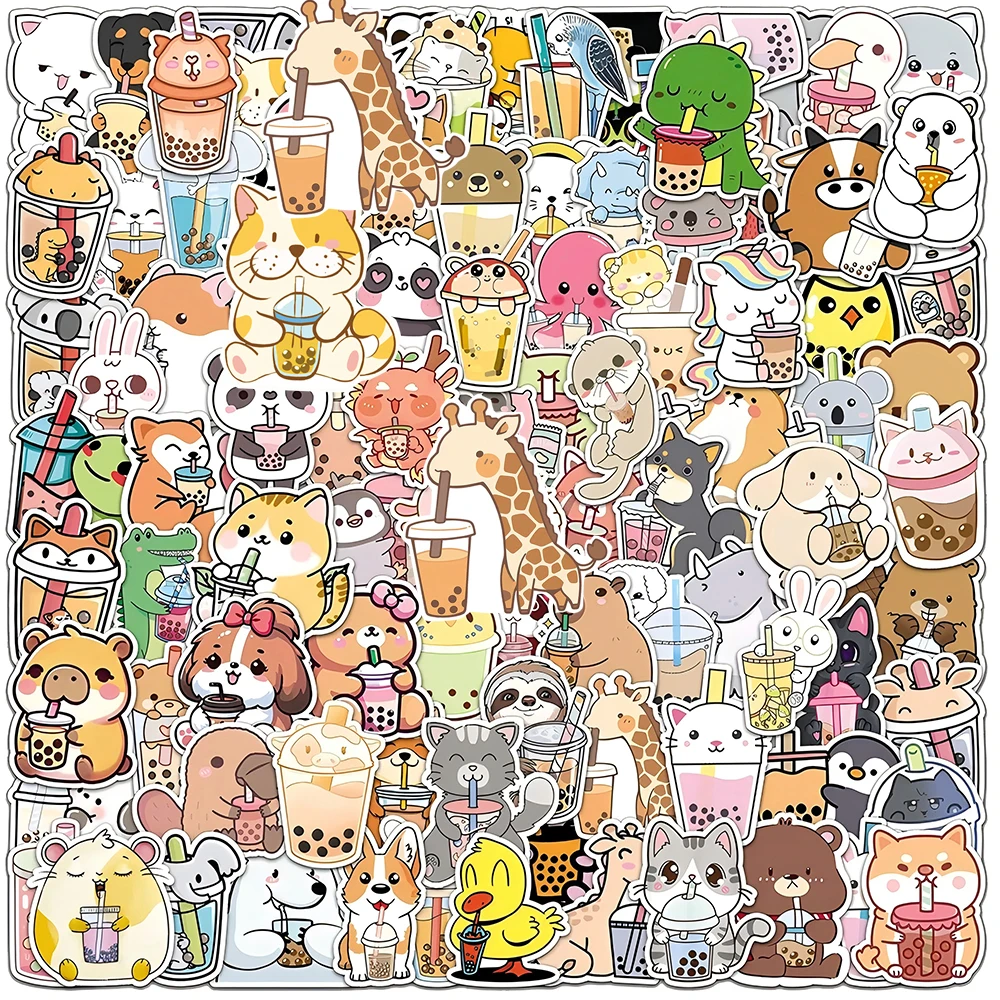 Cute Cartoon Animal Boba Tea Graffiti Stickers - Fun Decorative Decals for Suitcase, Guitar, and Laptop