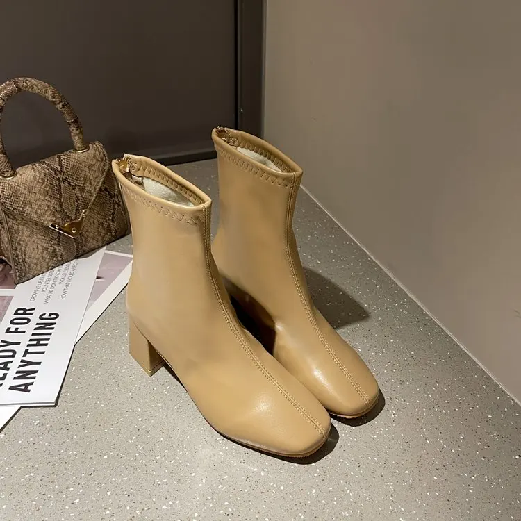 Luxury Brand Women Beige 7cm Block High Heels Ankle Boots 2020