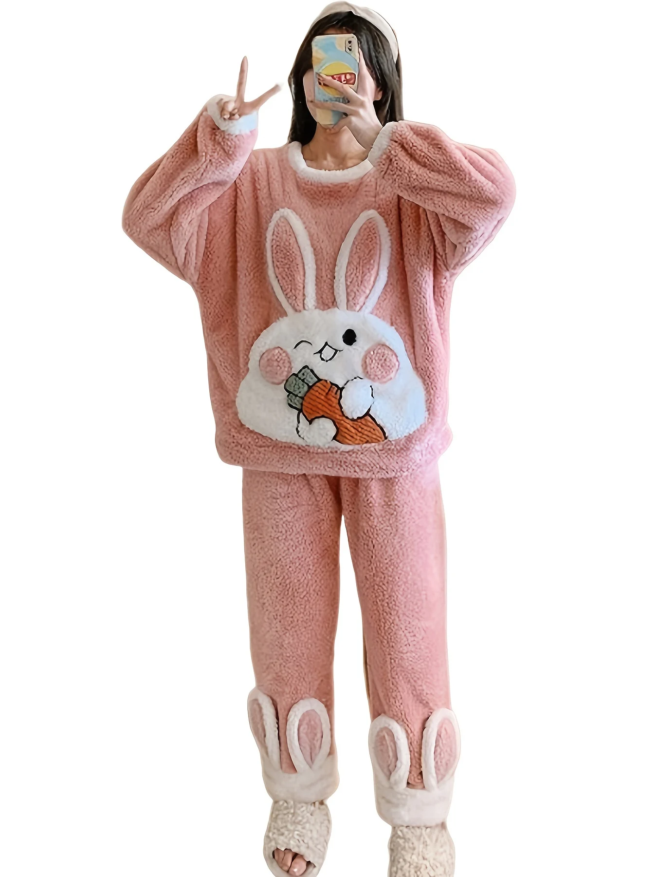 Women's Cute Bunny Plush Pajama Set Warm Winter Sleepwear