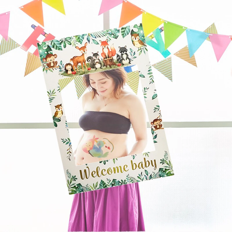 1Pcs Welcome Baby Forest Animal Paper Handheld Photo Prop For Baby Happy Birthday Gender Reveal Party Shower Decor Supplies