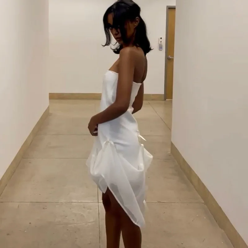 Tee Bow Mesh Patchwork Long Dress Women's Bandage See-Through Beach Holiday Party Dress Elegant Slim Maxi Dress Summer New