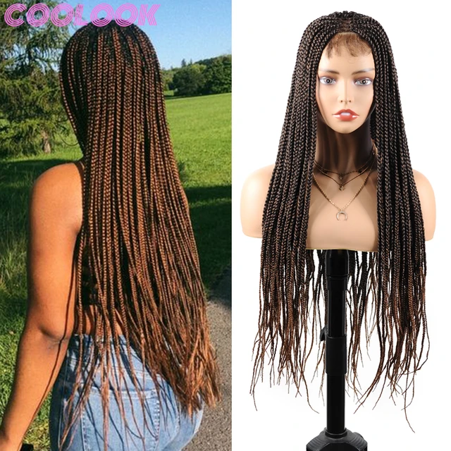 Ombre Brown Box Braided Lace Wig 30'' Long Box Braid Lace Front Wigs for  Women Synthetic