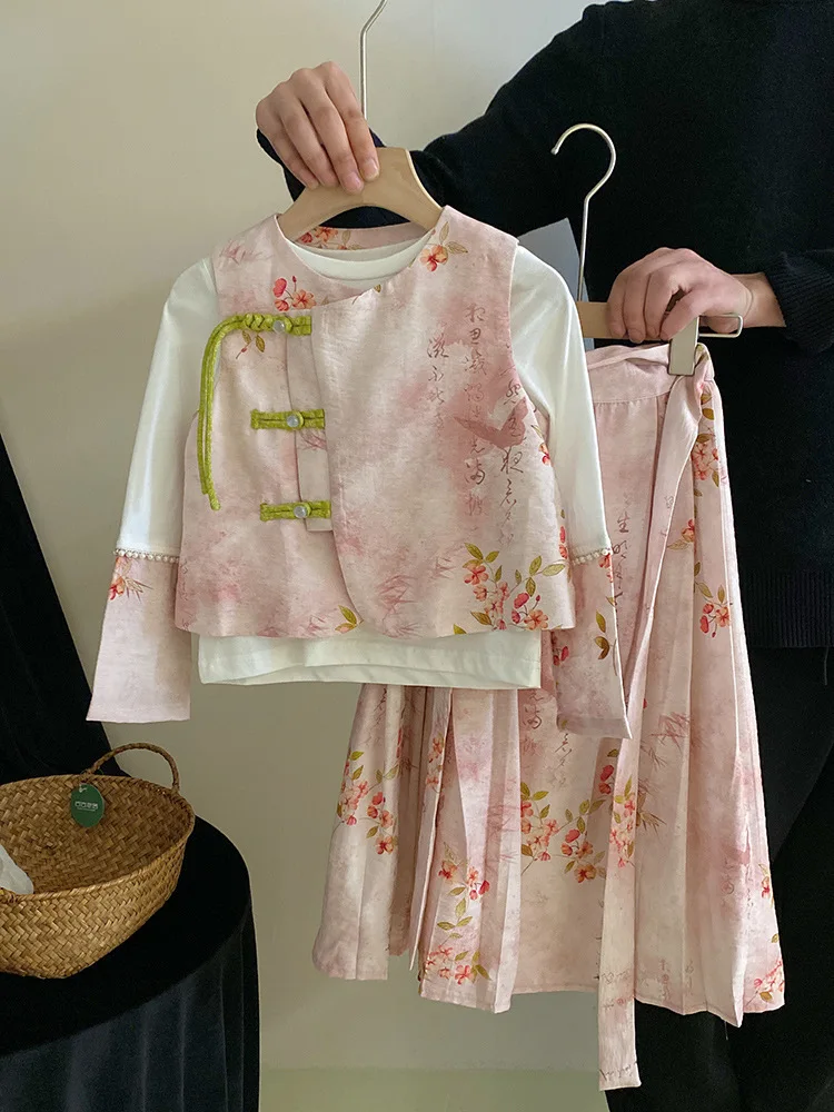 

Children'S Horse-Face Skirt Suit Hanfu Spring National Style BuckleTT-Shirt Vest Girls' Tang Costumes Three-Piece Set Performanc