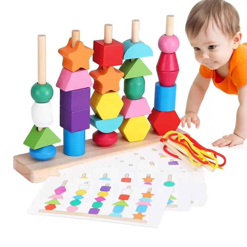 

Montessori Beads Fun Wooden Lacing Toy Set For Toddler Shape Sorter Stacking Block STEM Preschool Toddler Activities For 2 3 4 5