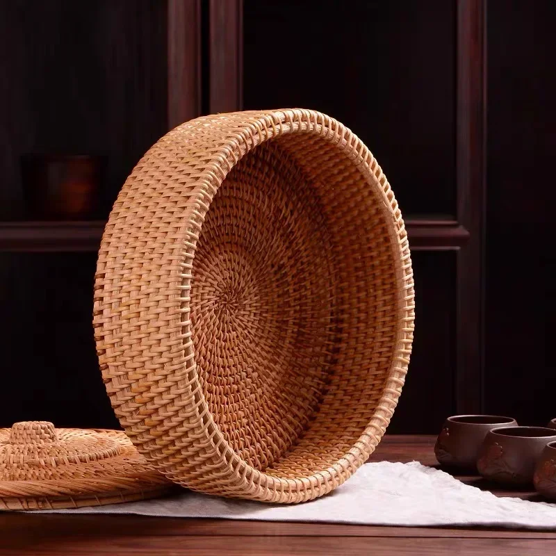 WRINGKIT Cesto Rotondo In Rattan Con Coperchio – Intrecciato A Mano In Vimini Naturale, Piccolo Portaoggetti Decorativo Per Mensola, Bagno, Casa