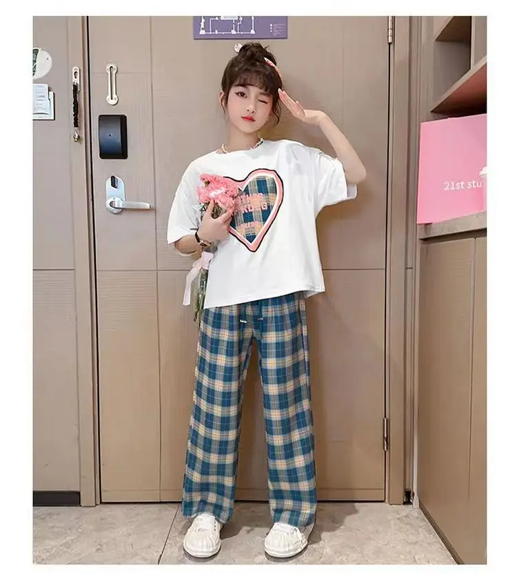 

2023 New summer Teens Clothes Set New Sport Print Crop Top t shirt + wide leg Pant Suit Korea Child tracksuit 4-14T