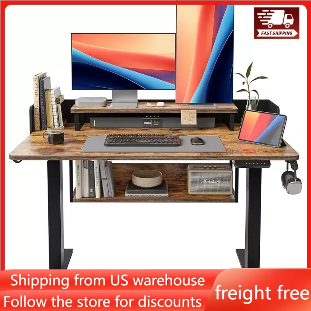 

48" Electric Standing Desk with Shelves, 48 X 24 Inch Sit Stand Rising Desk with Monitor Stand and Storage,Ergonomic Home Office
