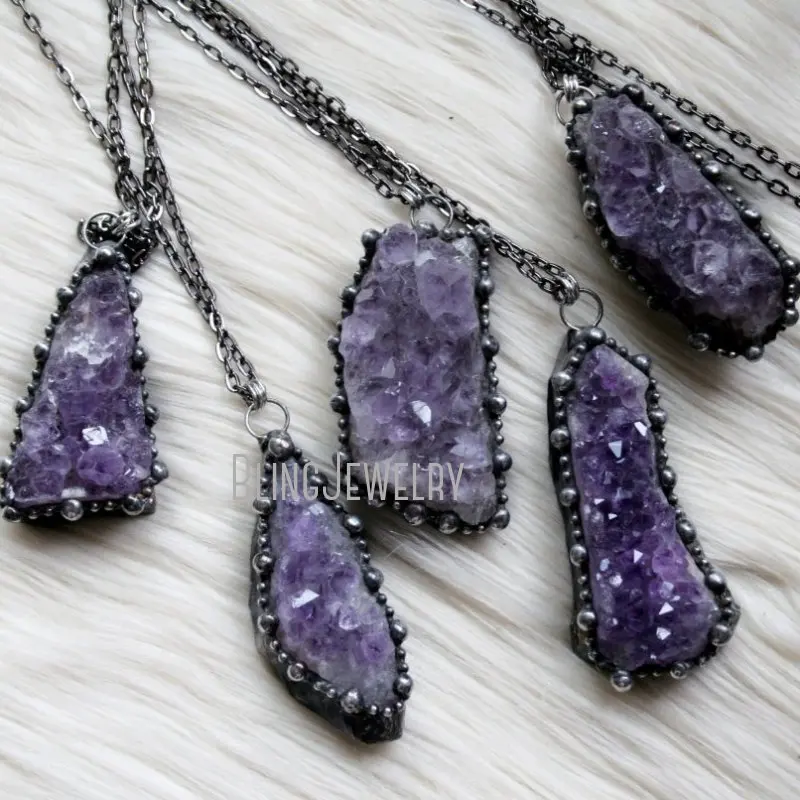 

NM43801 Amethyst Cluster Necklace Raw Natural Purple Crystal Druzy Geode Witch Wicca Boho Hippy Goth Occult