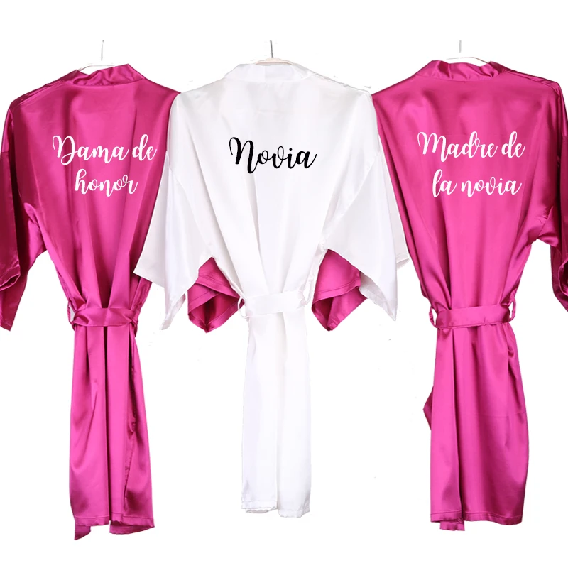 2022 Hot Pink Satin Robe Women Espanol Spanish Dama De Honor Wedding